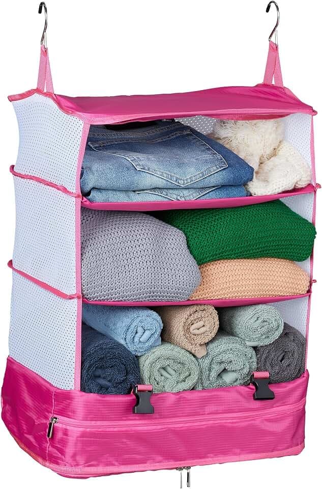 Relaxdays Gepäck Organizer zum Hängen, HBT: 55x44x30 cm, Kofferorganizer faltbar, 4 Fächer, tragbarer Packwürfel, pink