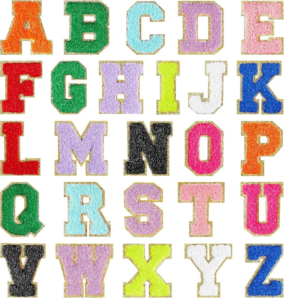 Morcheiong 26-teilige selbstklebende Chenille-Buchstaben-Patches A-Z, Chenille-Buchstaben für Kleidung, Stoff, Schuhe, Taschen (mehrfarbig)