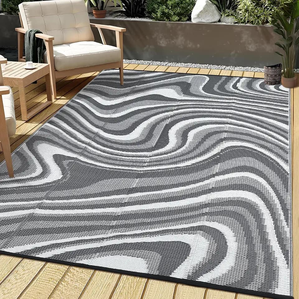 Garvee 5x8 Outdoor Rug Waterproof Modern Plastic Straw Rugs, Black Grey