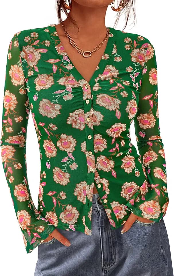 BTFBM Button Down Shirts for Women Fall Outfits 2026 Mesh Floral Boho Tops