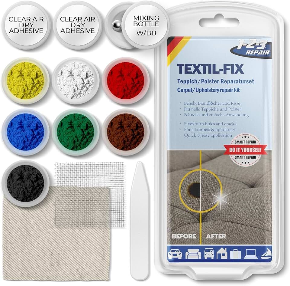 Autositz Reparatur Set Stoff – Brandloch Reparaturset Auto für Polster, Sofa, Couch und Teppich – Für Löcher und Risse, 13-teilig, 7 Farben