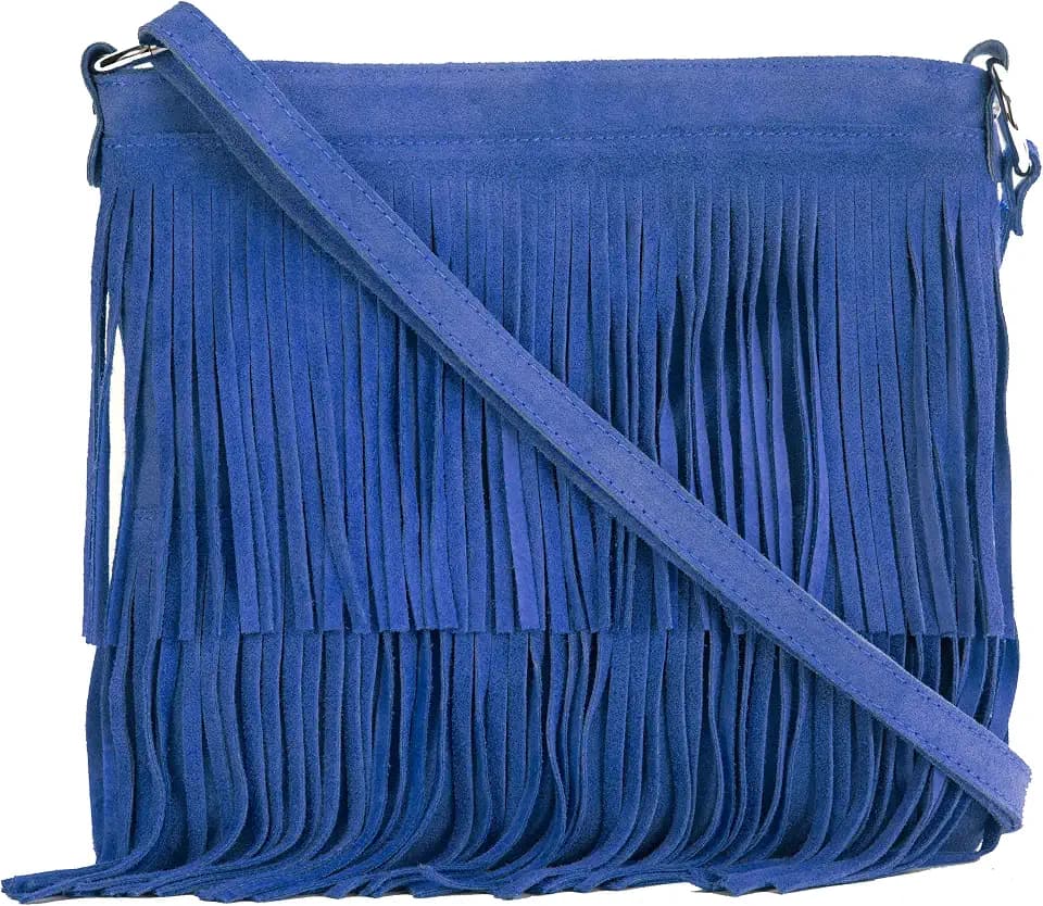Womens Fringe Handbag - Real Italian Suede Leather - Tassle Effect Shoulder Bag in Medium Size - Ashley