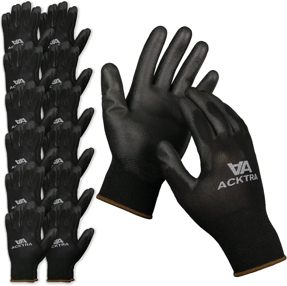 ACKTRA Ultra-Thin PU Safety WORK GLOVES 12 Pairs, WG002 Black/Black, Large