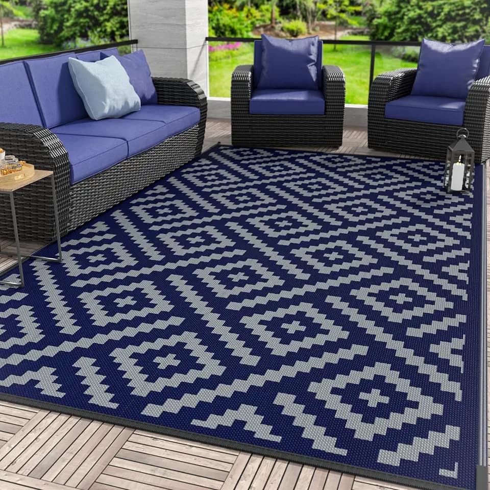 GENIMO Outdoor Rug, Waterproof Plastic Rugs for Patio, 5'x8' Blue Grey