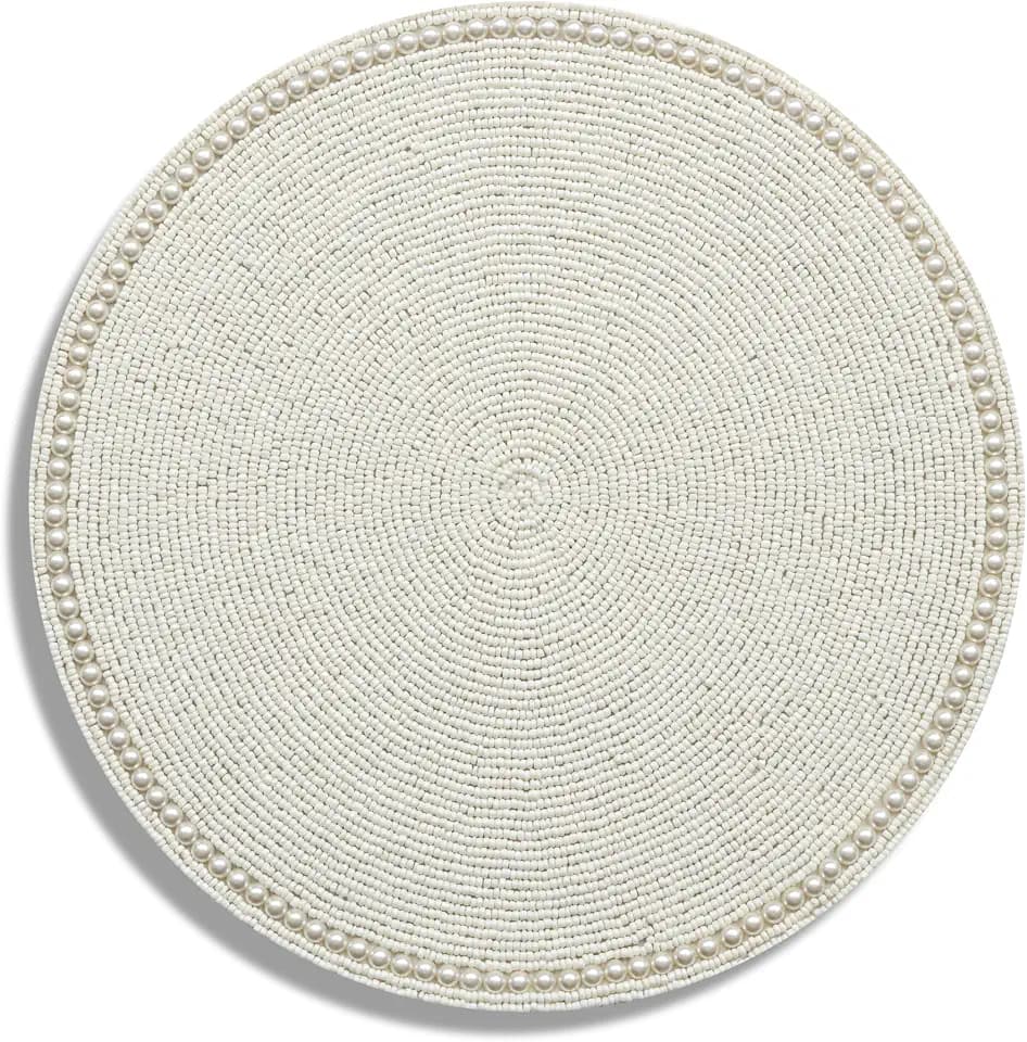 Beaded Placemats - 13 Inch Round Placemats, Handmade Beaded Placemat, Elegant Round Dining Table Placemat for Thanksgiving, Boho Party, Christmas, Pack of 1 - Cream