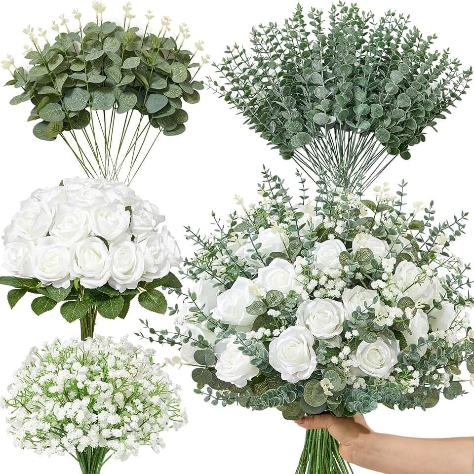 Serwalin 120 Pcs Mixed Eucalyptus Greenery Stems, White Roses, Babys Breath