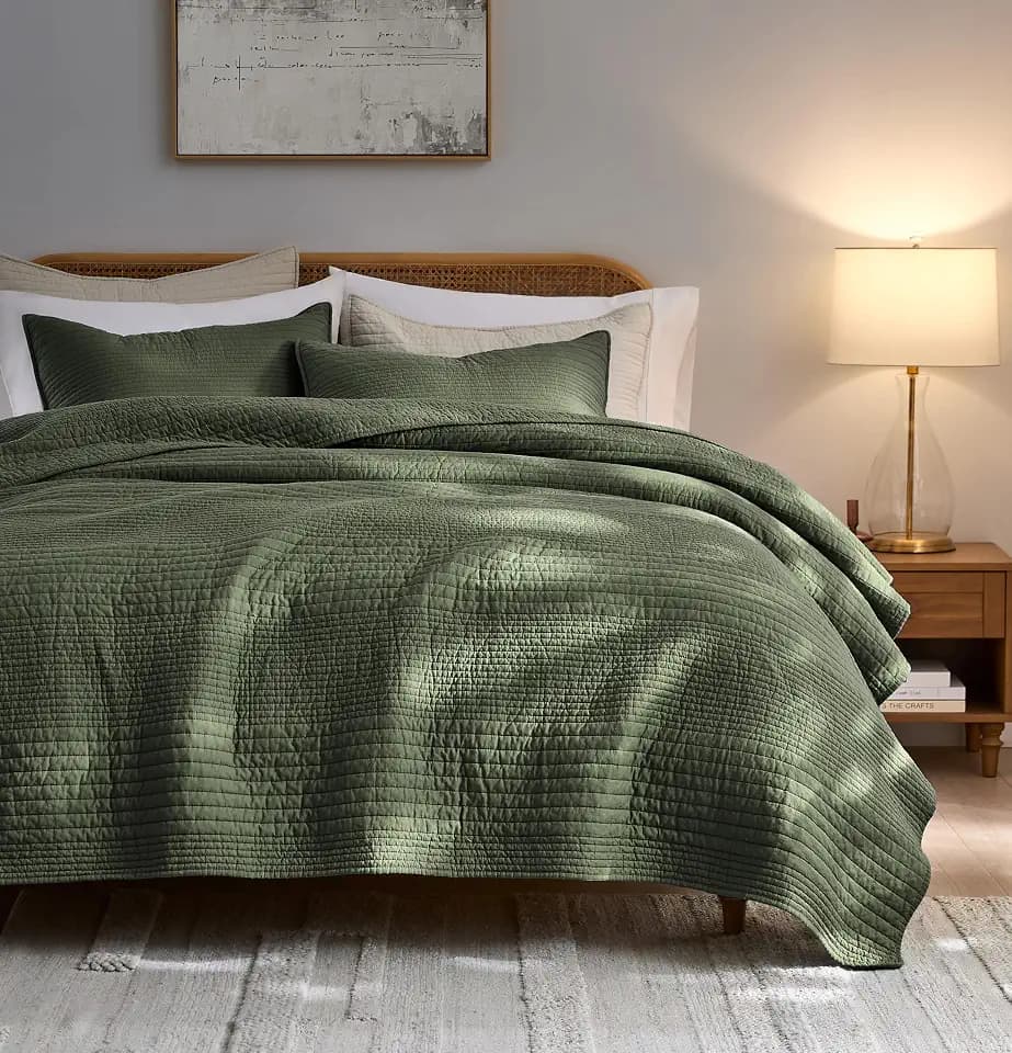 palassio 100% Cotton Striped Channel Quilt Set Queen Size, Olive Green
