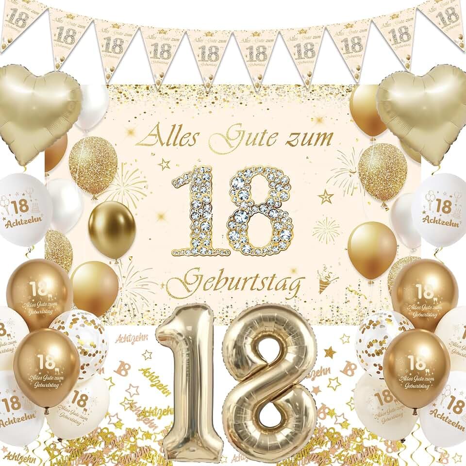 Deko 18. Geburtstag Mädchen Junge - 18 Geburtstagsdeko Luftballons Hintergrund Banner und Konfetti, XXL Zahlenballon für 18 Jahre Geburtstagsparty Dekoration