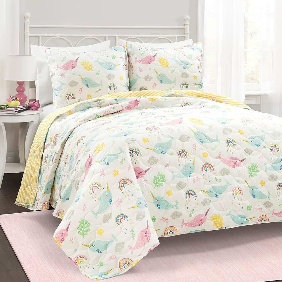 Lush Decor Magical Narwhal Reversible Quilt Twin Size 2 Piece Set White & Multi - Toddler Bedding Set Twin Quilt - Coastal Kids Bedroom Decor