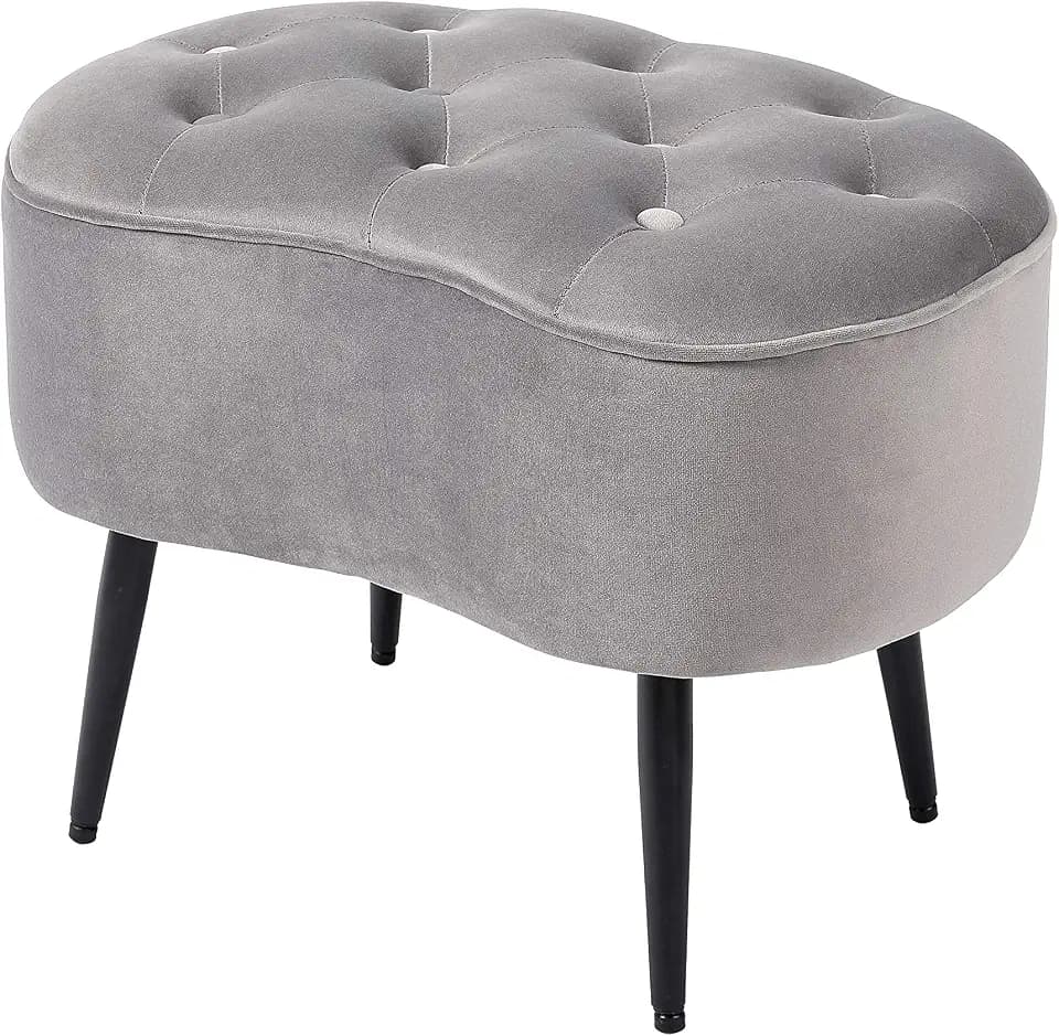 BIRDROCK HOME Tufted Oblong Velvet Ottoman - Mid Century Modern Upholstered Foot Rest with Steel Legs - Soft Padded Foot Stool, Accent or Vanity Chair for Living Room, Bedroom or Dorm (Grey)