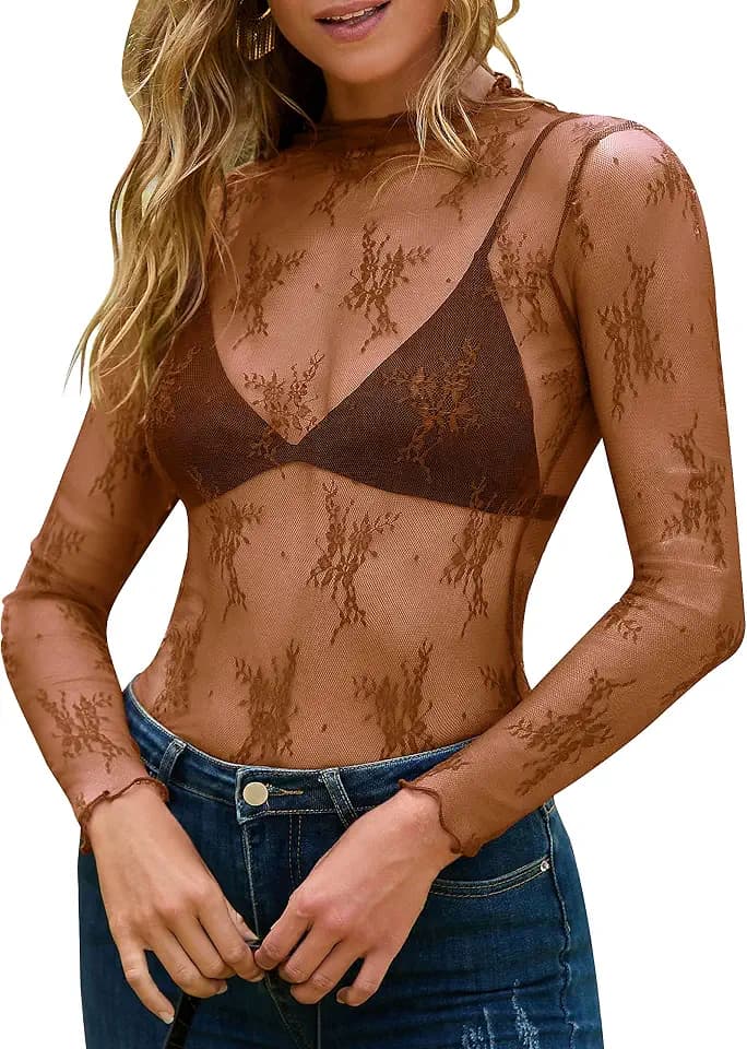 MEROKEETY Womens Mesh Sheer Lace Long Sleeve Mock Neck Blouse Shirt Tops