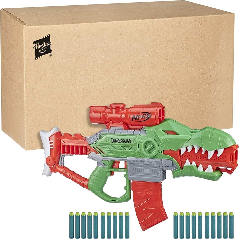 Hasbro DinoSquad Rex-Rampage motorisierter Blaster, 10-Dart Clip-Magazin, 20 Hasbro Darts, 10-Dart Aufbewahrung, T-Rex Dinosaurier Design, F0807