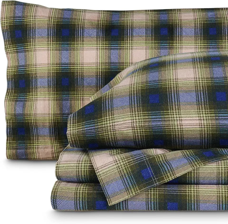 Bare Home Flannel Sheet Set Prints (King, Voyageur Plaid - Green)