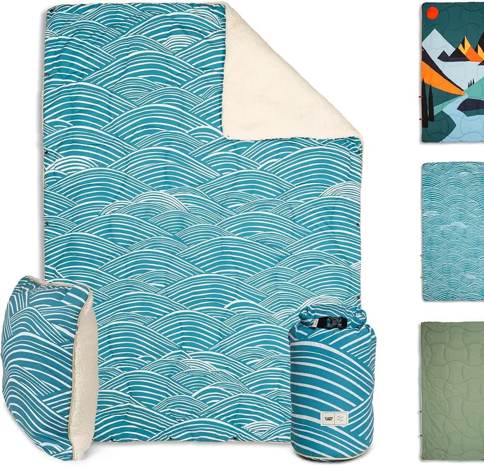 Campo Libre.® Wanda I multifunktionale Campingdecke I 4 in 1 - Decke, Schlafsack, Kissen, Poncho I Thermodecke Outdoor I ultraleichte Reisedecke I weiches Sherpa- Fleece I 100% recycelte Materialien