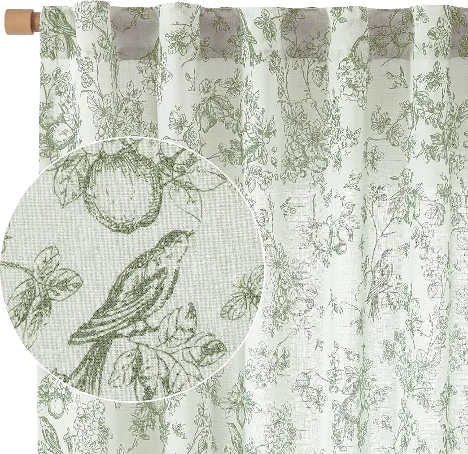 Vangao Green Floral Linen Curtains Cottage Vintage Eden Bird Toile 84L 2Pcs