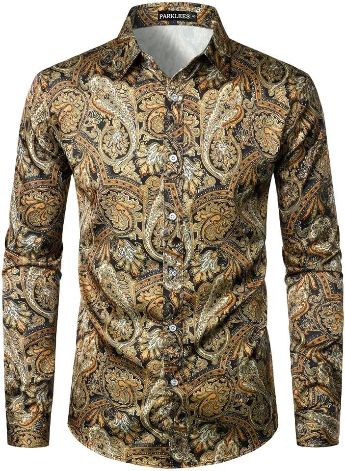 PARKLEES Herrenhemd aus Satin, mit Knöpfen, langärmelig, Hipster-Seidenmuster