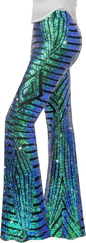 Nawgut Sequin Flare Pants Sparkly Glitter High Waisted Bell Bottom Trousers Disco Party Clubwear for Women