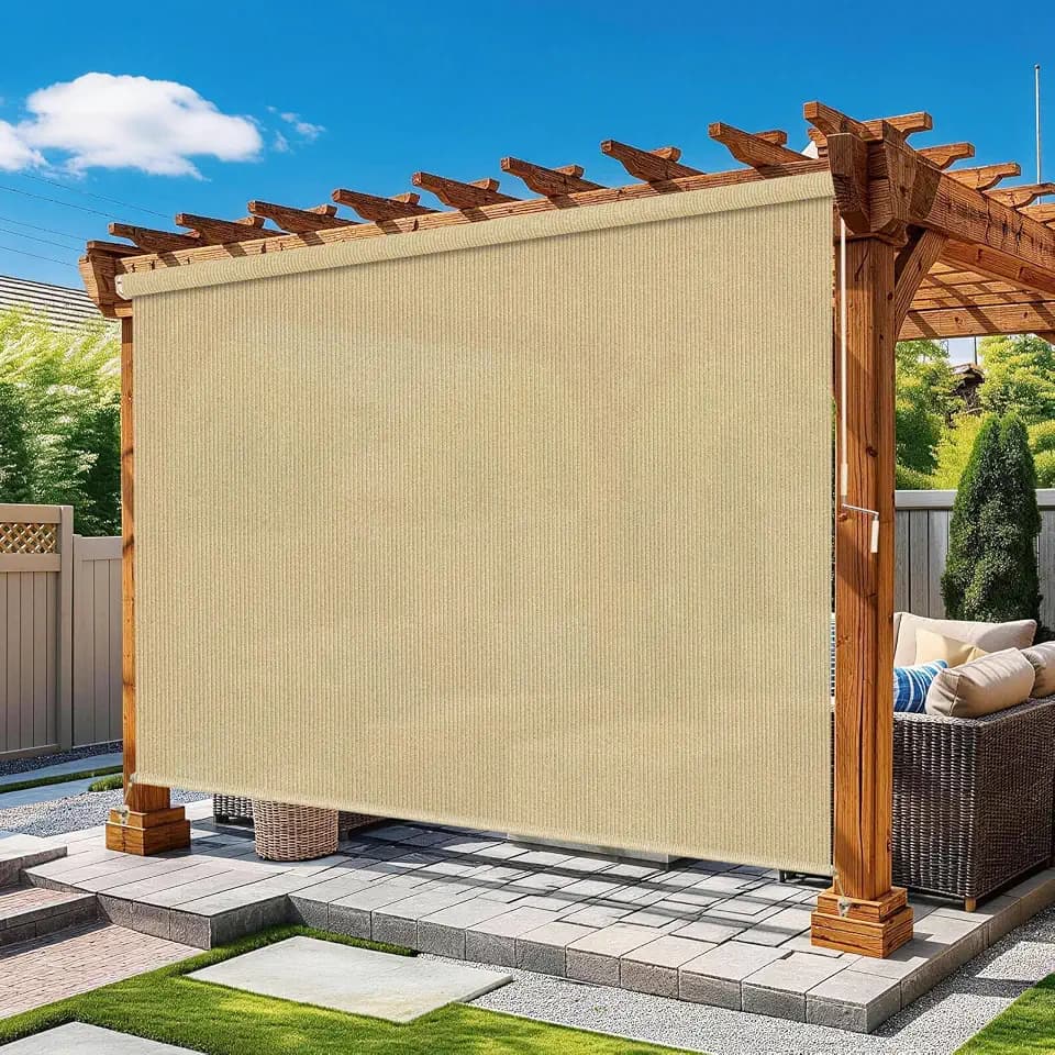 Boho Seasame Outdoor Roller Shade 7' W x 6' H, Exterior Cordless Patio Shades Roll up-Down Blinds Spliced Design (Fixed 2 Poles, One-Full Fabric Sunshade)