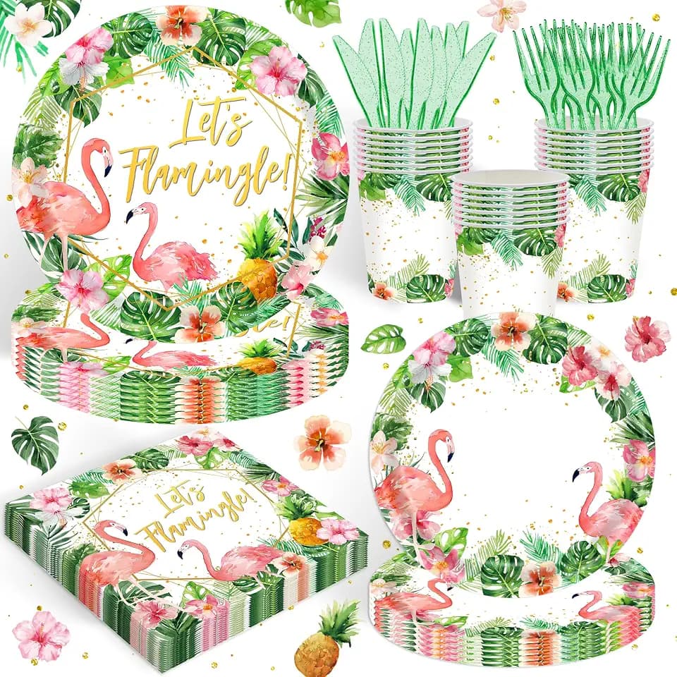 120 Pcs Flamingo Birthday Party Supplies Tropical Luau Hawaiian Party Decorations Disposable Tableware Set Plate Cup Napkin Knives Fork for 20 Guests