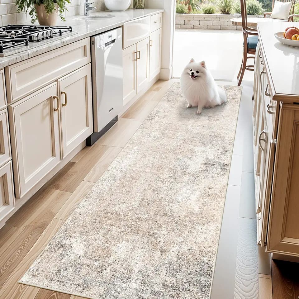 3x8 Washable Non-Slip Runner Rug – Modern Abstract Neutral Wide Carpet Runner for Kitchen, Hallway, Entryway, Bathroom, Bedroom – Low-Pile Thin Floor Mat with Rubber Backing (Beige Grey,3x8)
