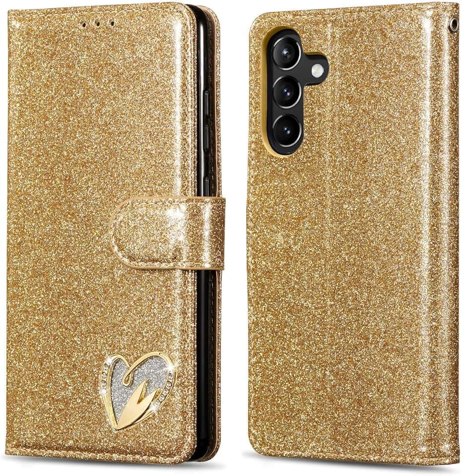 QLTYPRI Samsung Galaxy A15 5G/4G Hülle, Glitzer Handyhülle PU Ledertasche Handschlaufe Kartenfach mit Eingelegten Herz Diamond Schutzhülle für Samsung Galaxy A15 - Gold