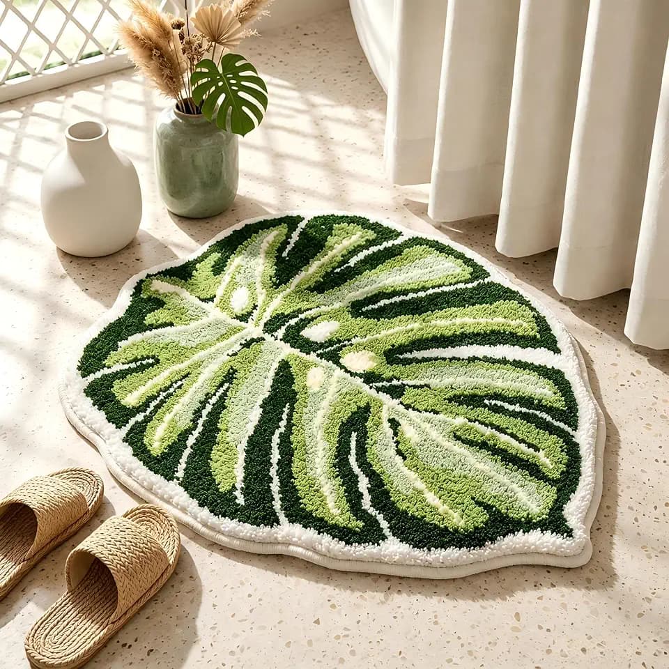 Monstera Bath Mat, Green Leaf Bathroom Rug, Soft Non Slip Washable