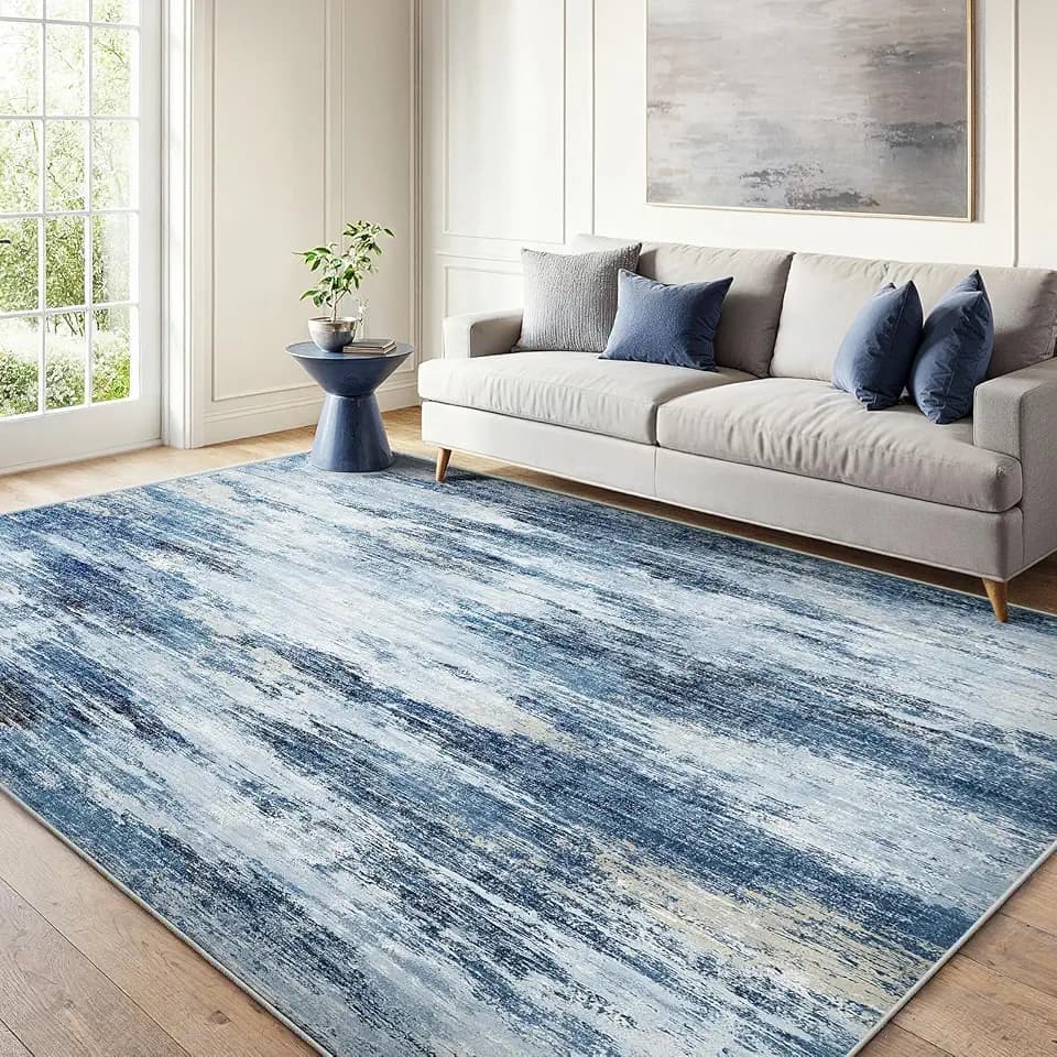 6x9 Area Rug Living Room, Modern Abstract Washable Indoor Carpet Blue