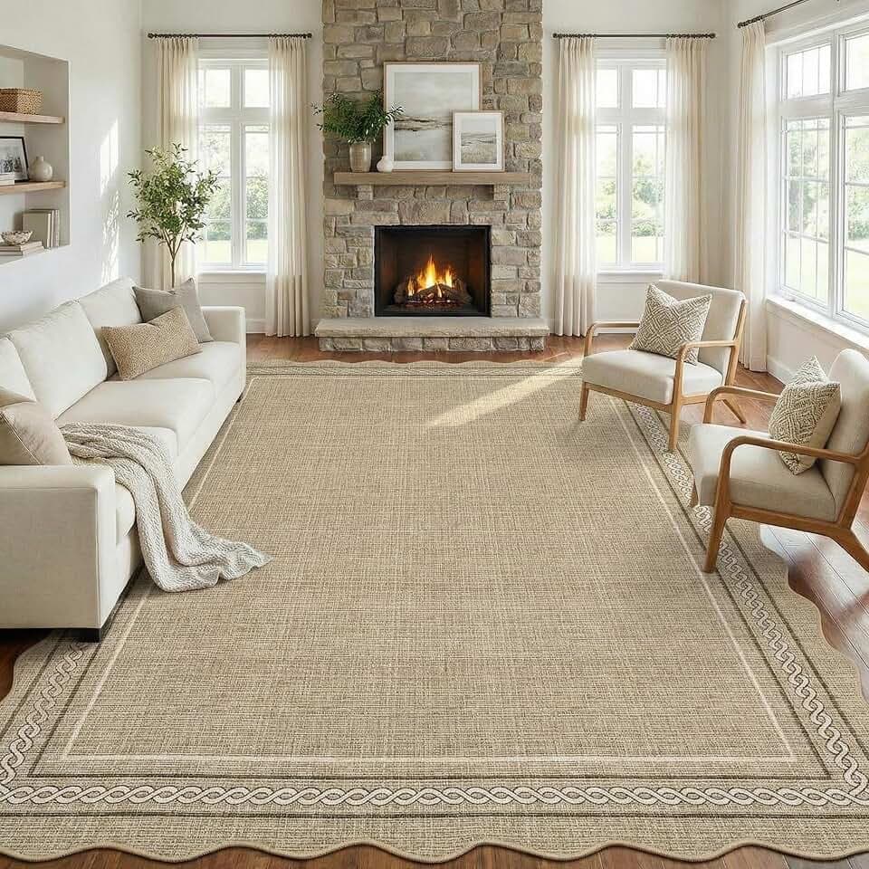 Washable Rug 4x6 Scalloped Rugs for Bedroom Indoor Soft Non Slip Carpet Vintage Non-Shedding Neutral Floor Mat Low Pile Foldable Thin Rugs for Living Room Dining Room Nursery Office Jute
