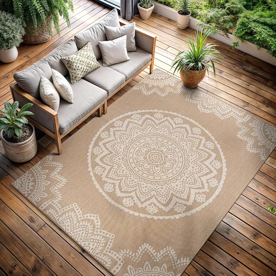 CAMILSON Outdoor Rug 9x12 Modern Area Rugs for Large Indoor and Outdoor Patios and Porches - Waterproof Washable Non-Shedding Easy-to-Clean Outside Carpet (9 x 12, Medallion - Beige/White)