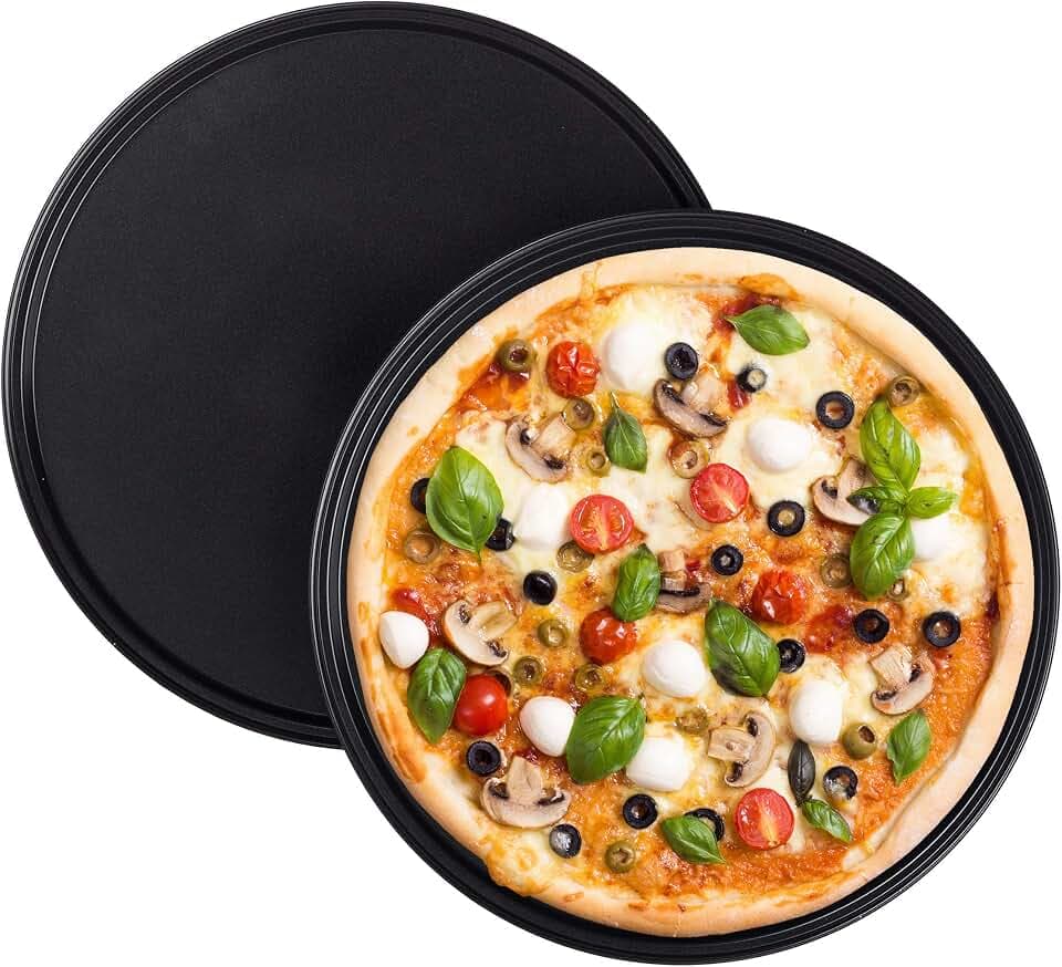 Relaxdays Pizzablech, 2er Set, rund, antihaftbeschichtet, Pizza & Flammkuchen, Carbonstahl, Pizzaform, ca. 1 cm (h) x 32 cm, grau, 10025633