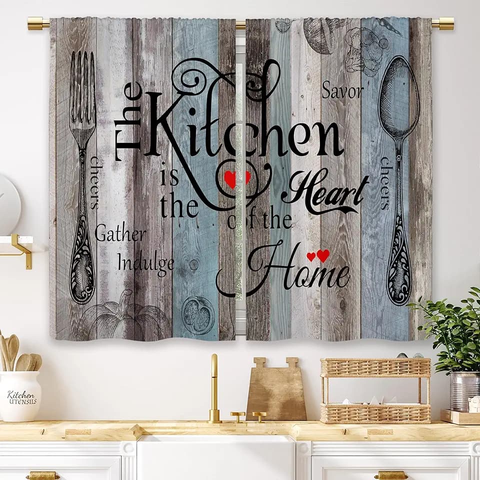 Teal Blue Farmhouse Rustic Kitchen Curtains Wooden Wood Small Short Cafe Window Curtains Vintage Fork Spoon RetroBathroom Living Room Bedroom Window Drapes Treatment 2 Panels (27.5x39 Inch)