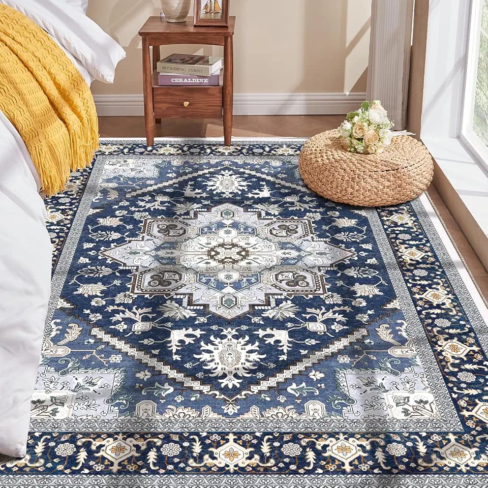 OPPODREAM Soft Area Rugs 4x6, Persian-Inspired Washable Rug, Blue & Gold