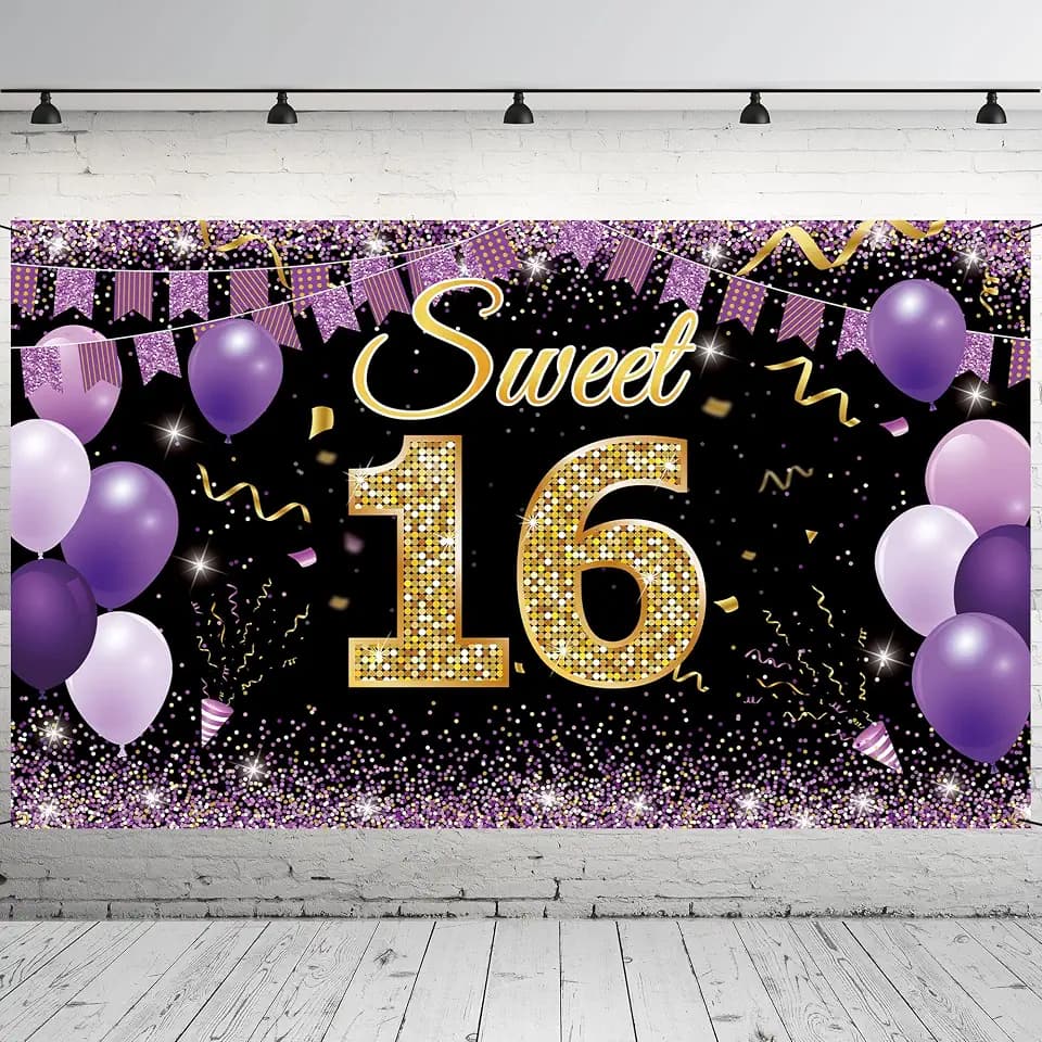 Sweet 16 Birthday Decorations Backdrop Banner, Happy 16th Birthday Decorations for Girls, Gold Purple Sweet Sixteen Party Decorations, Teen’s Sweet 16 Photo Booth Props, Fabric 6.1ft x 3.6ft Vicycaty
