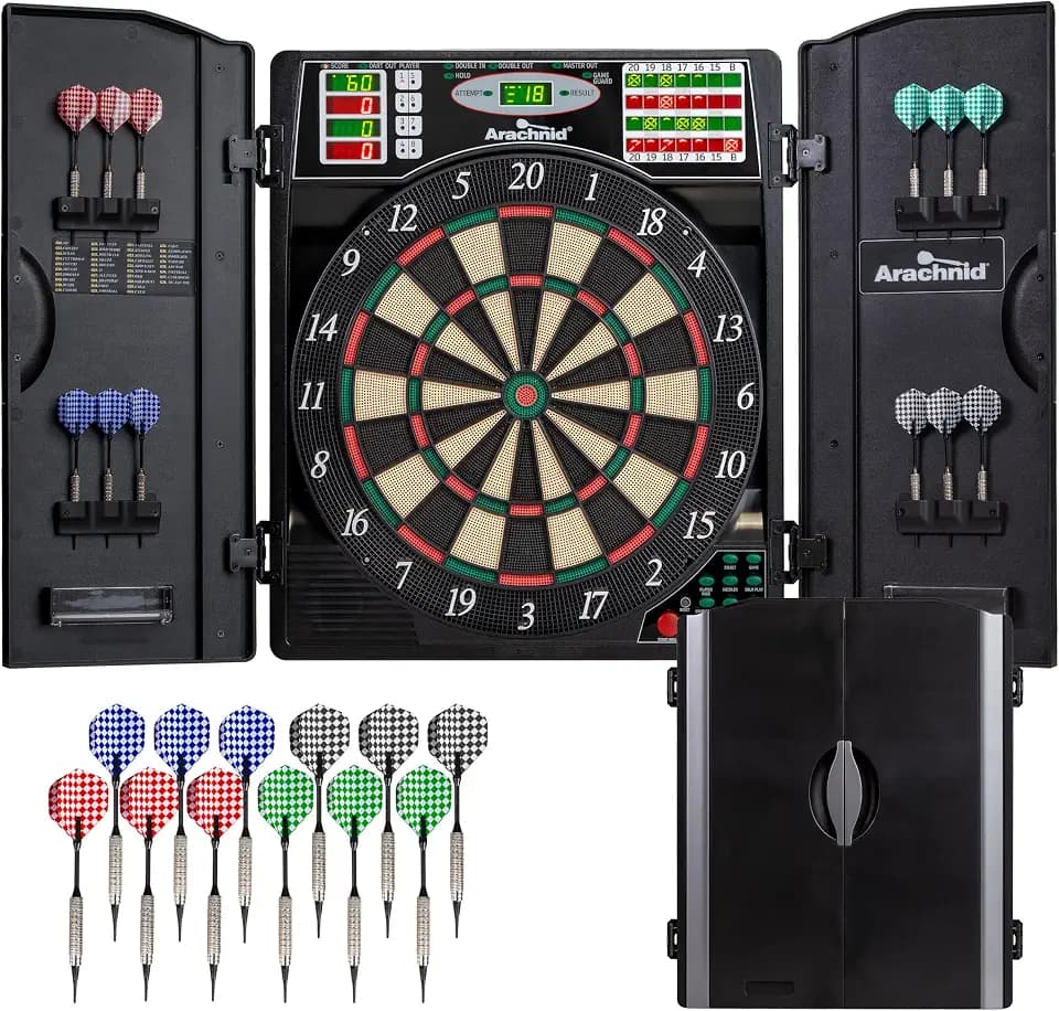 Arachnid Titanium 5400: 13.5” Target with Integrated Cabinet. Offers 38 Games, 316 Variations, Color LED Scoring, and Solo Play. Includes Double in/Out Modes for Competitive Game Room Fun.
