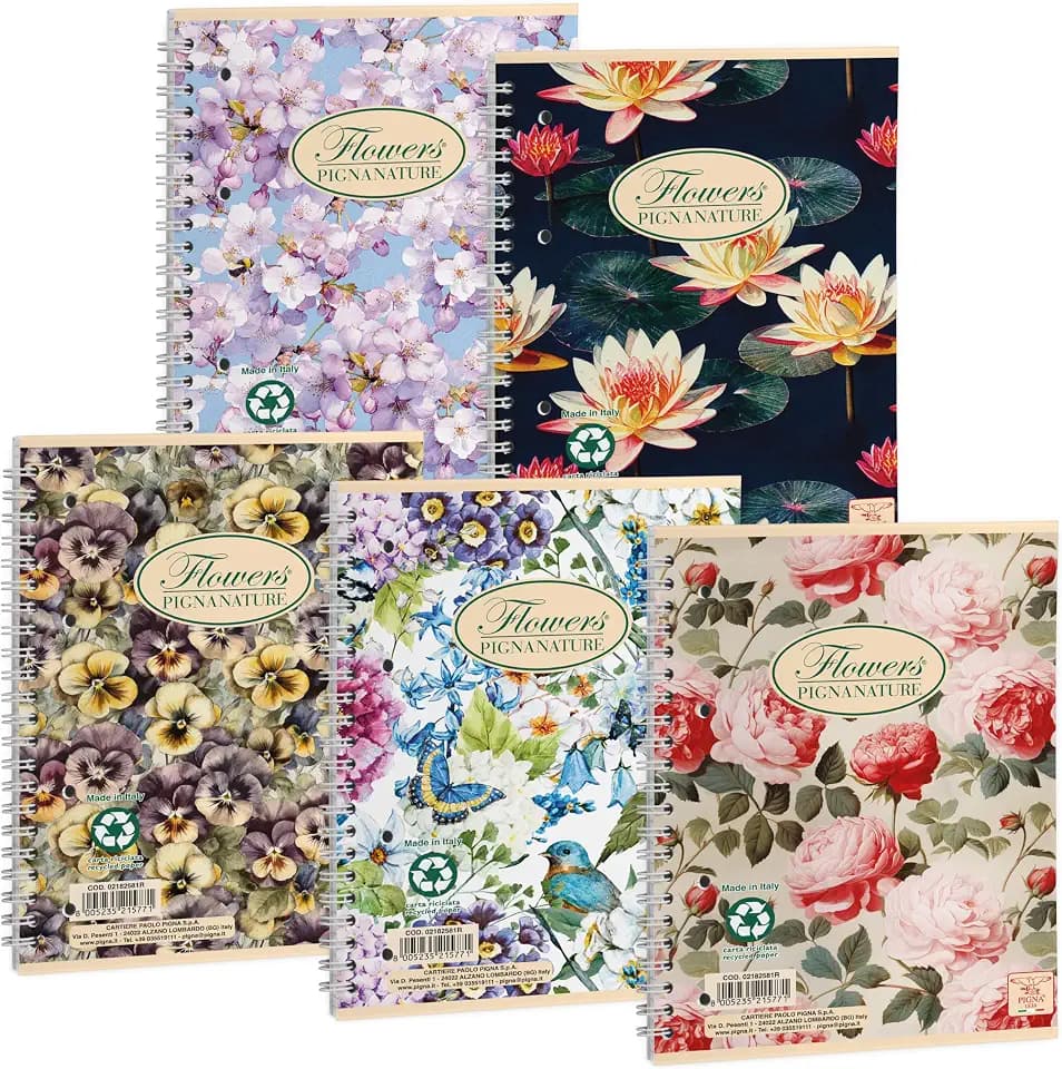 Pigna, Nature Flowers Spiralgebundene Notizbücher, A5 16x20,5 cm, mit 4 Löchern und Mikroperforation, innen 1R, liniert, 80 g/qm, Recyclingpapier, sortierte Themen, 5