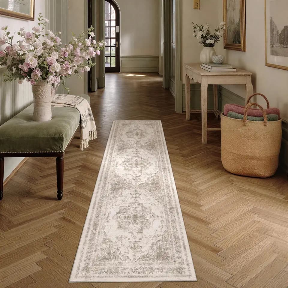 HUGEAR Beige Vintage Teppich Läufer Flur 80x400cm Waschbar