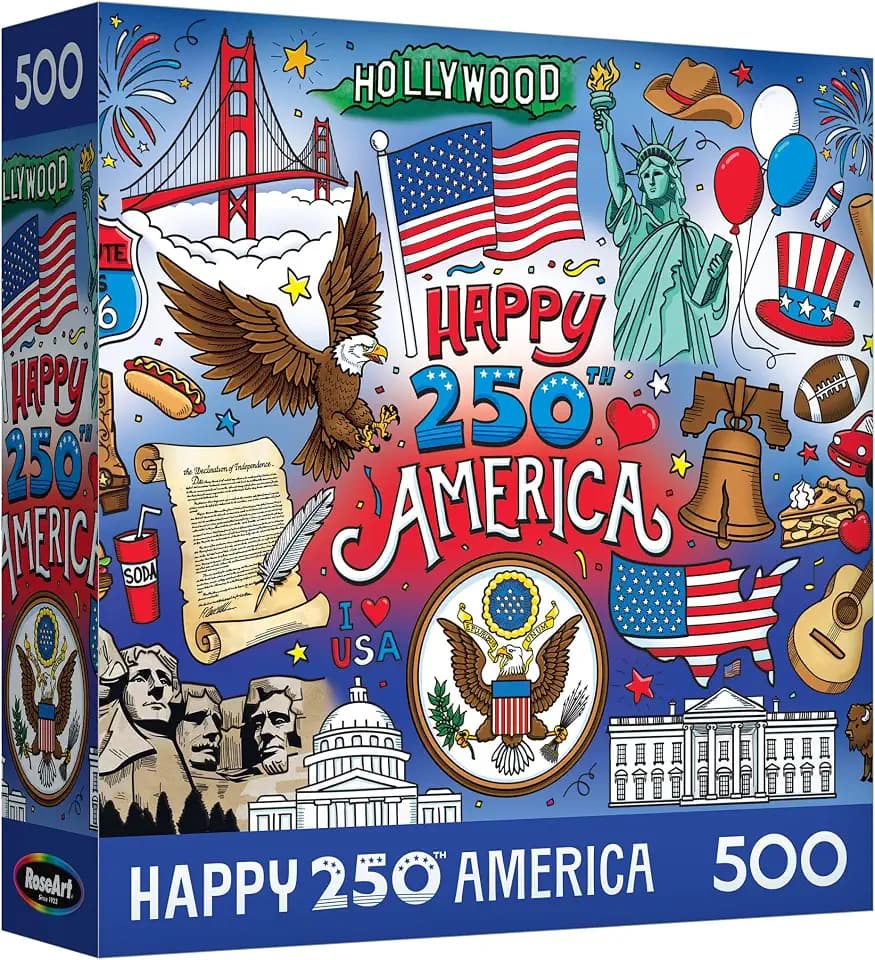 RoseArt America 250 Happy Birthday America Jigsaw Puzzle, 500‑Piece Puzzle for Adults & Families, Patriotic USA Landmarks and Americana Artwork Puzzle