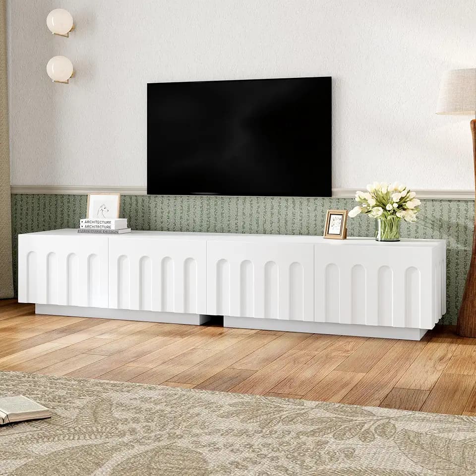 Merax Elegant 70.8" TV Stand with 4 Drawers, Arched Design Entertainment Center for TVs Up to 80", Modern Dual Purpose Coffee Table, Multi-Functional Television Stand for Living Room (White)