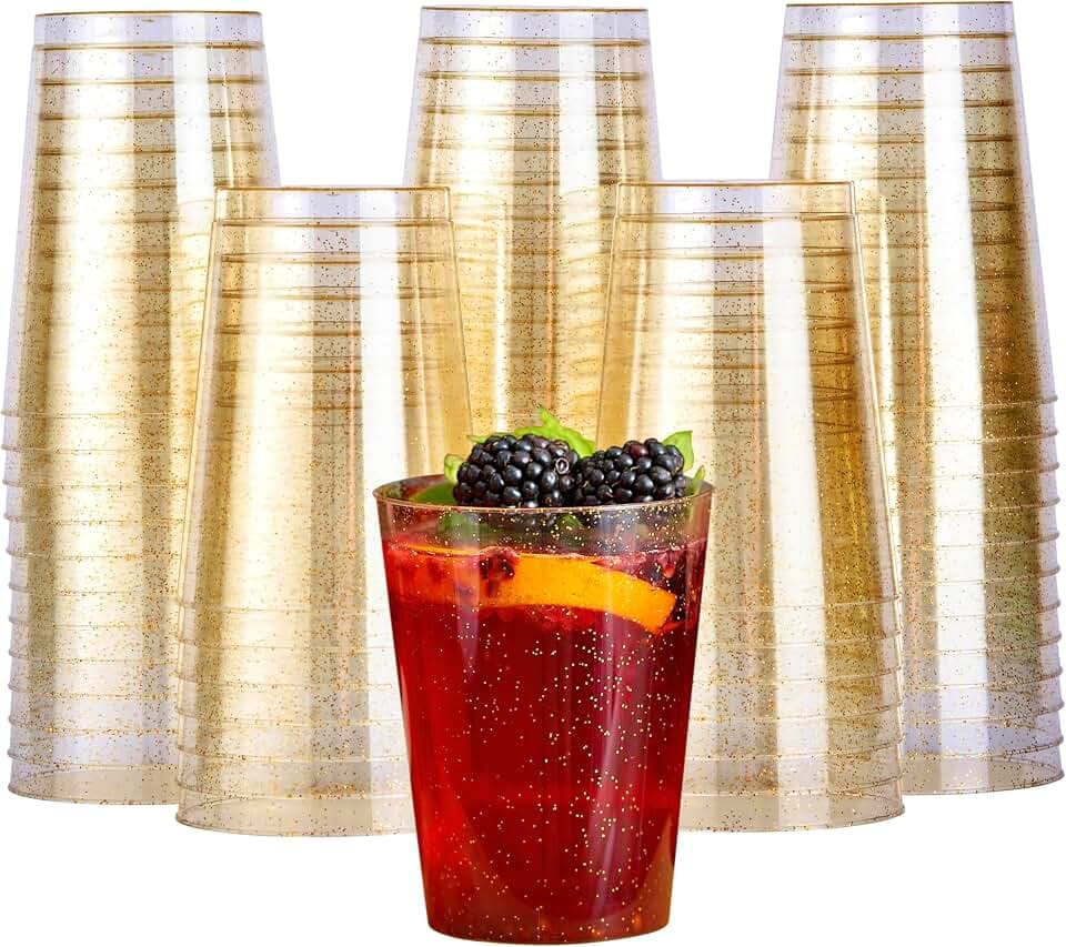 MATANA 50 Premium Plastikbecher mit Goldglitzer (285ml/10oz) – Hartplastik Partybecher Trinkbecher - Wiederverwendbar & BPA-frei – Mehrwegbecher für Cocktails, Sekt & Desserts, Hochzeiten & Partys
