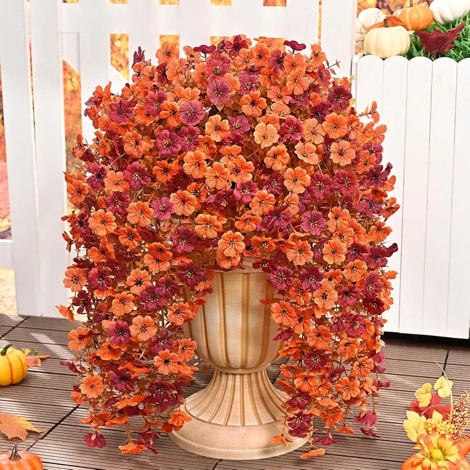 Dolicer 8 Pcs Look Real Artificial Fall Flowers for Outdoors, Realistic Faux Mums for Outdoor Planters UV Resistant Fake Fall Flowers Artificial for Decoration Autumn Porch Patio Garden (Orange+Brown)