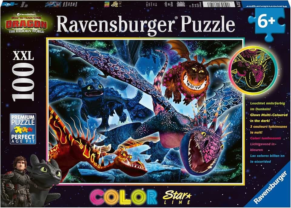 Ravensburger Kinderpuzzle - 13710 Leuchtende Dragons - Dragons-Leuchtpuzzle für Kinder ab 6 Jahren, mit 100 Teilen im XXL-Format, Leuchtet im Dunkeln