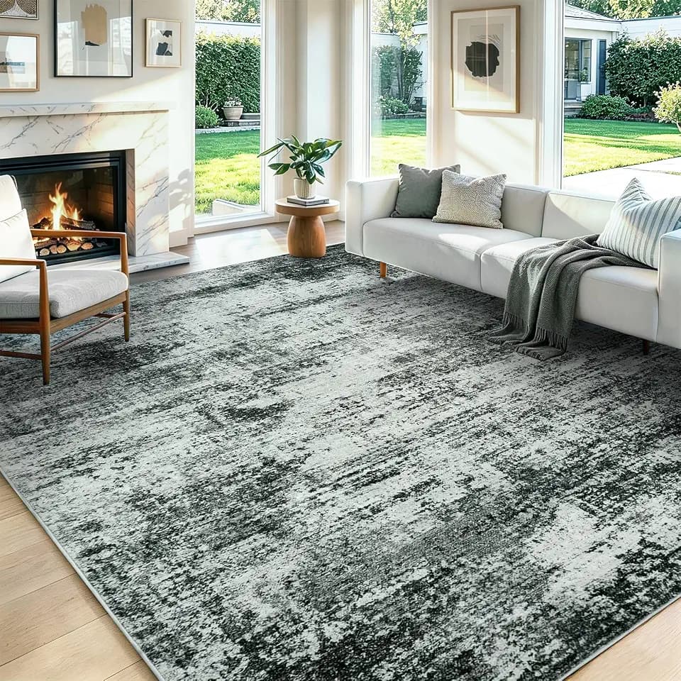 Washable Area Rug Living Room Rugs-8x10 Large Soft Non-Slip Carpet for Bedroom Dining Room Modern Abstract Neutral Low Pile Floor Rugs Stain Resistant Indoor Nursery Home Office,Dark Grey