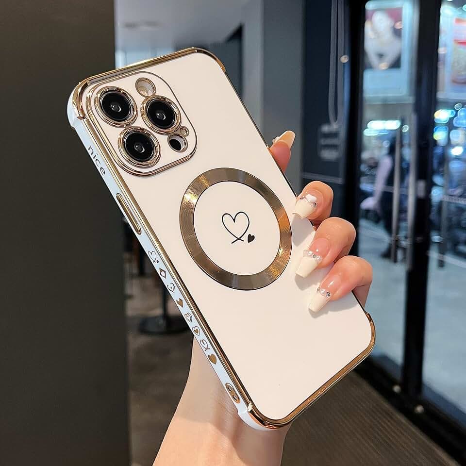 ZTOFERA Magnetische Hülle für iPhone 15 Pro, Kompatibel mit MagSafe Handyhülle Flexibel Weiche Silikon Schutzhülle mit Süßes Liebes Herz Muster Goldener Rand Stoßfest Cover, Weiß