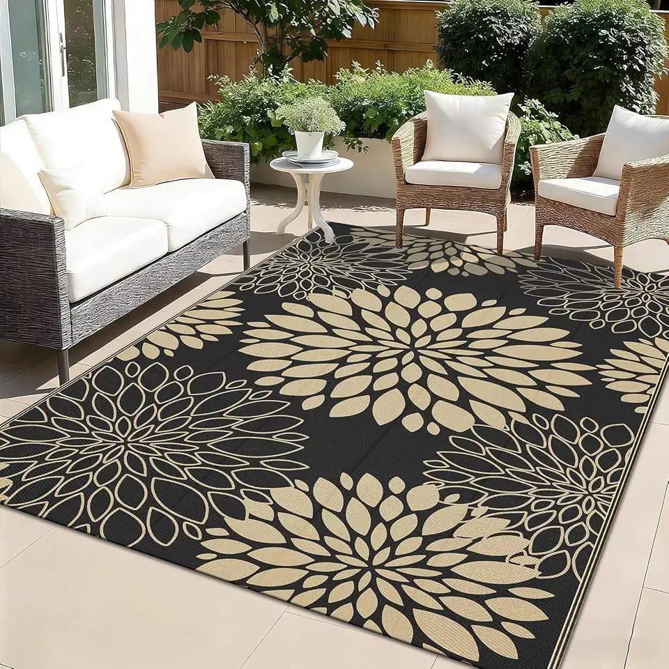 Ileading Waterproof Outdoor Rug 6x9, Reversible Plastic Straw Patio Rug, Portable Indoor Outdoor RV Camping Mat Carpet for Deck, Porch, Balcony, Backyard, Picnic, Floral Black