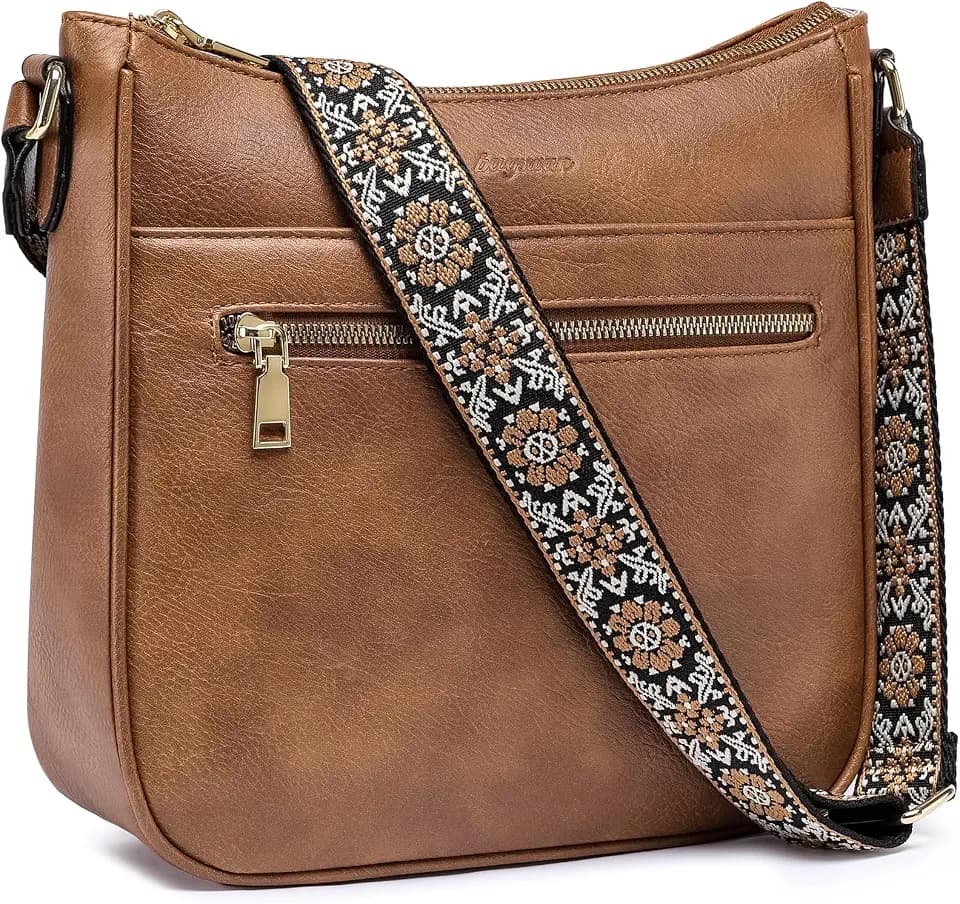 Crossbody Bags for Women Leather Purses: Vegan Cross Body Bag with Adjustable Wide Shoulder Strap Brown Trendy Handbags Daily