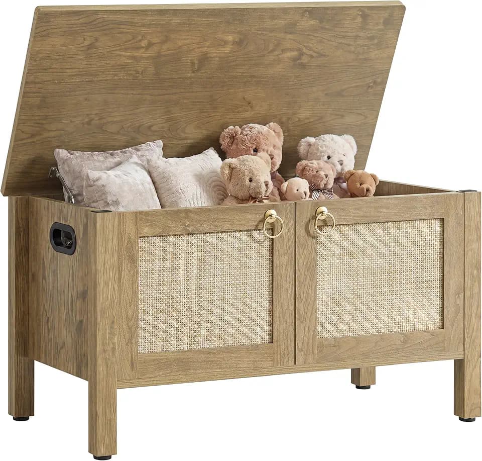 SICOTAS Rattan Storage Bench Boho Storage Chest with 2 Safety Hinges
