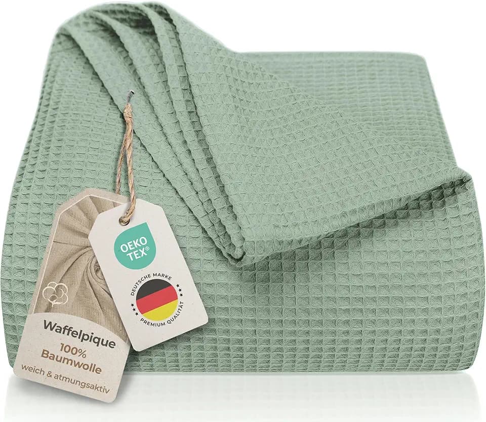 LAYNENBURG Premium Tagesdecke 220 x 240 cm XXL - Waffelpique 100% Baumwolle - leichte Wohndecke Waffeloptik - Baumwolldecke als Bett-Überwurf, Sofa-Überwurf, Couch-Überwurf - Sofa-Decke (Mintgrün)