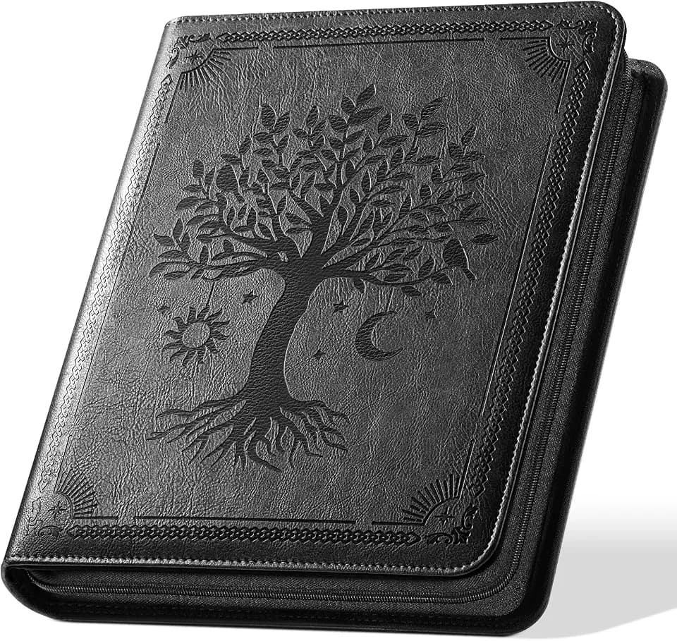 Ovesmusl PU Leather 3 Ring Binder with Zipper, 1 Inch Black Tree