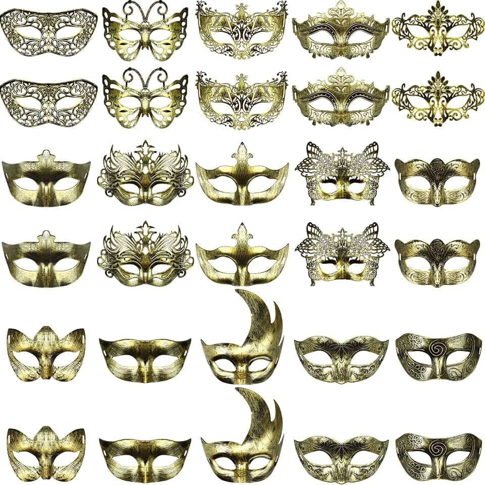 Yunsailing 30 Pcs Masquerade Masks with Straps for Women Men,Gold