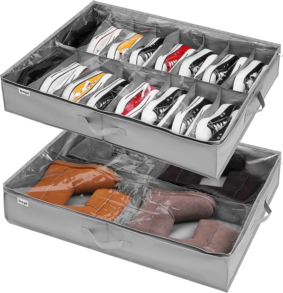 Unterbett-Kommode für Schuhe Aufbewahrung 2 Stück, Schuh Aufbewahrungssysteme mit 16+4 Fächern, Unterbett Schuh Organisierer Aufbewahrungsbox Schublade, Faltbare Schuhaufbewahrung Stasche mit Deckel